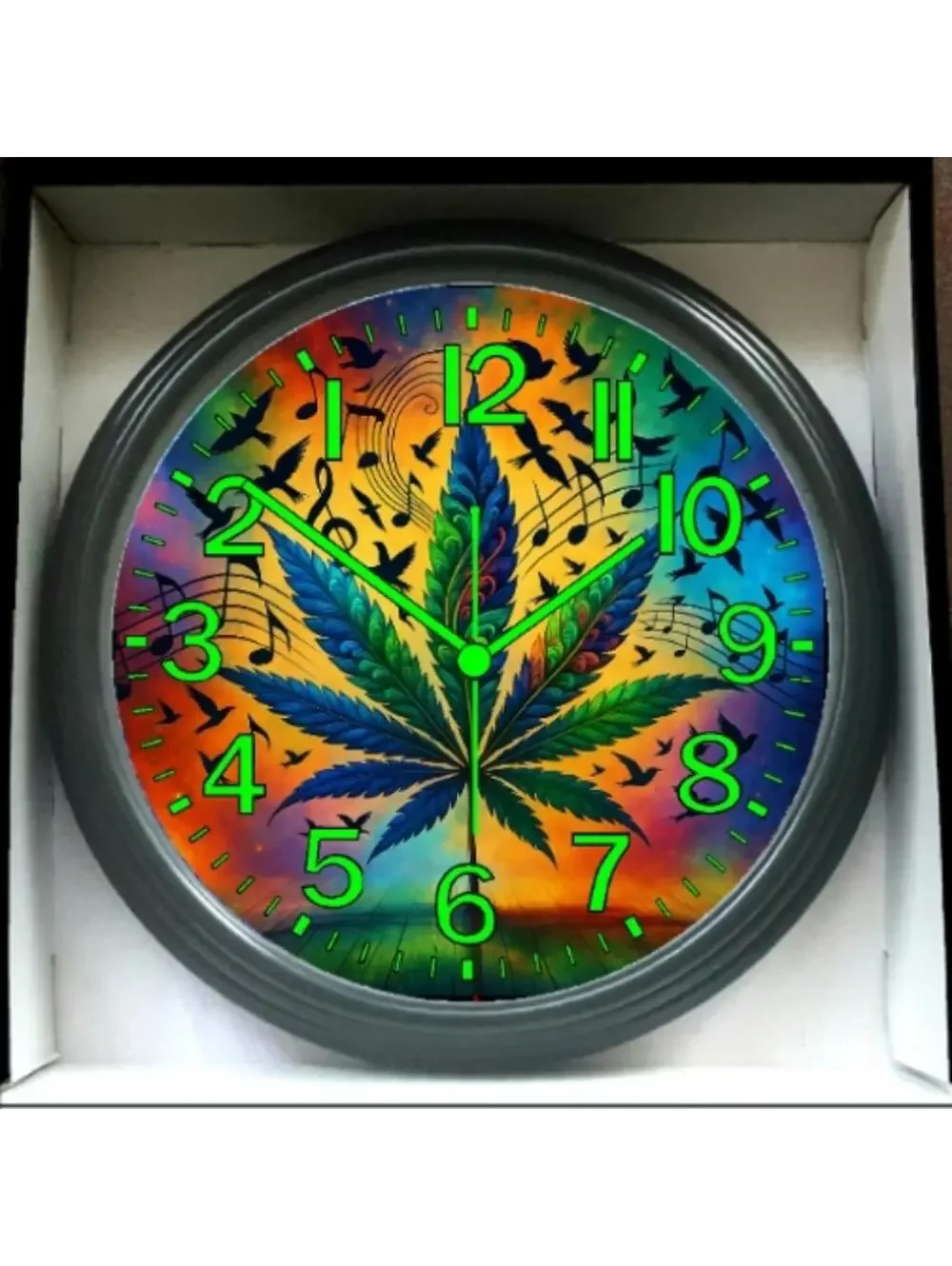Reverse Ticking Good Leaf Glow In The Dark Wall Clock New!